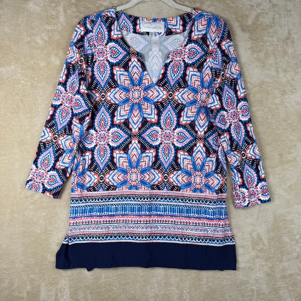 Pappagallo Women S Blue Pink Kaleidoscope Floral 3/4 Sleeve V-Neck Tunic Top
